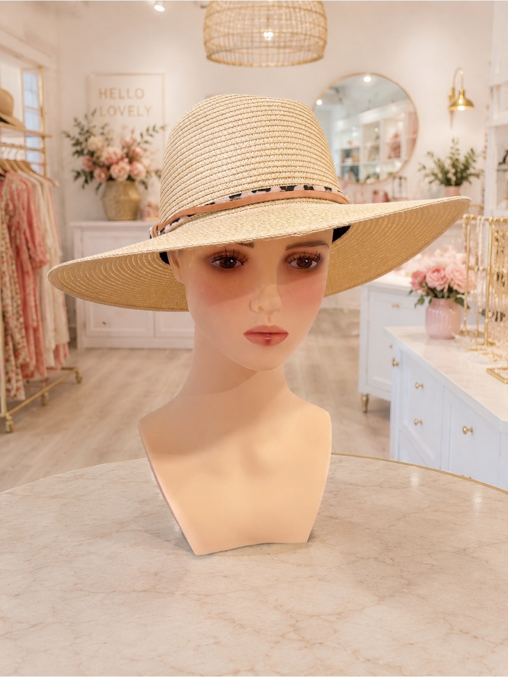 Macchia di Ruggine Wide Brim Straw Panama Hat Natural Leopard Trim NWT